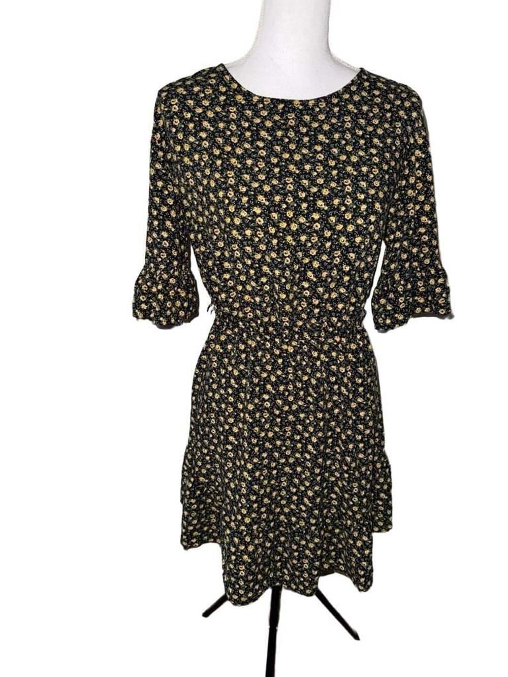 bebop Floral Print Mini Dress Size L Black Yellow 3/4 Ruffle Sleeve